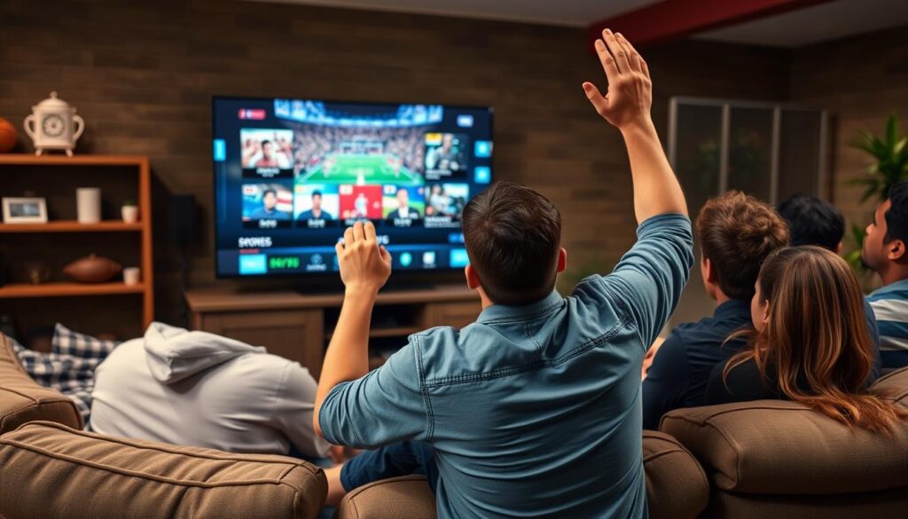 Generate an image of a sports fan enjoying their favorite game on a large screen TV with multiple channels displayed.