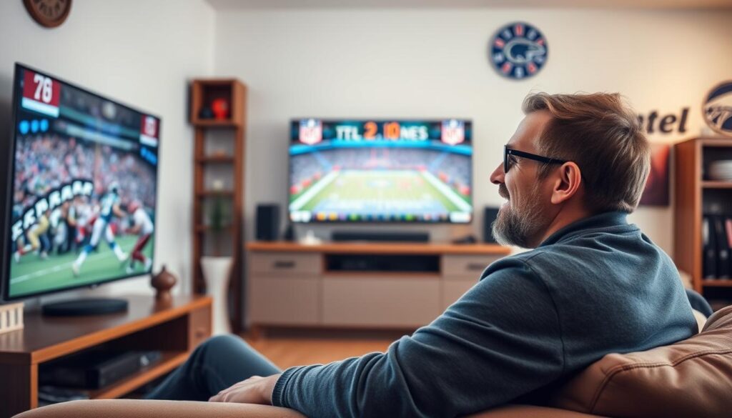 Generate an image of a sports fan watching NFL on their TV with a satisfied expression.