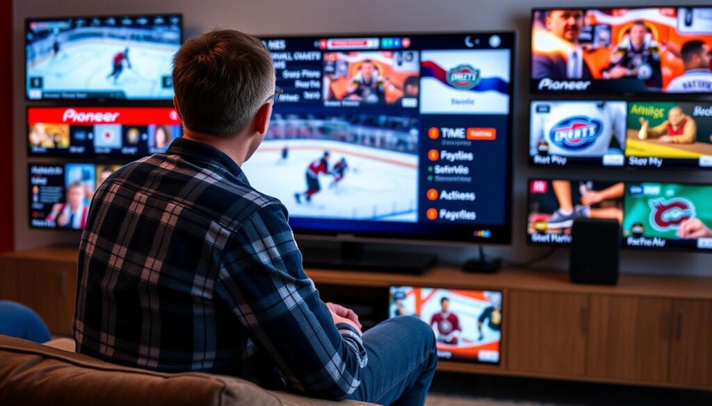 Generate an image of a sports fan watching a hockey game on Pioneer TV, with multiple sports channels available.