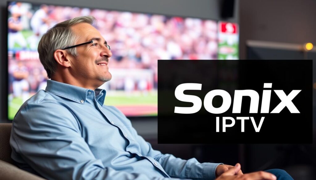 Generate an image of a sports fan watching a live game on their TV with a satisfied expression, with the Sonix IPTV logo in the corner.