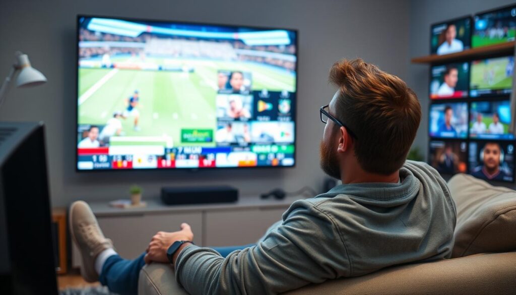 Generate an image of a sports fan watching a live game on their TV with multiple sports channels displayed.