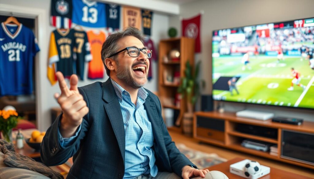 Generate an image of a sports fan watching live sports on IPTV