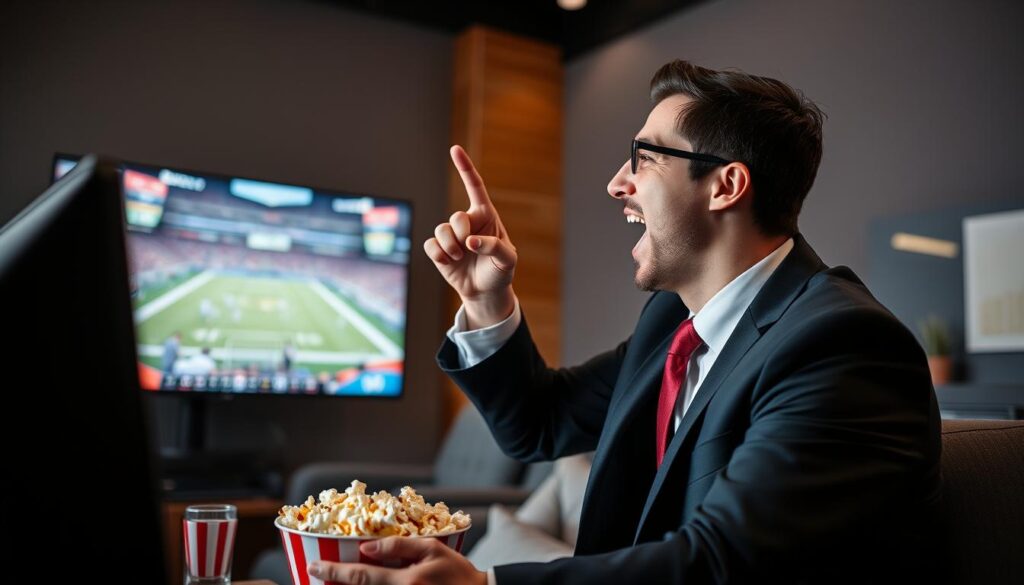 Generate an image of a sports fan watching live sports on TV with a bowl of popcorn.