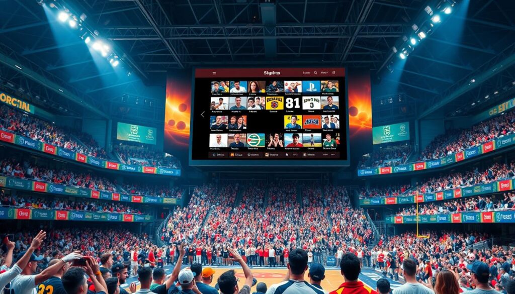 Generate an image of a sports stadium with a TV screen displaying sports channels