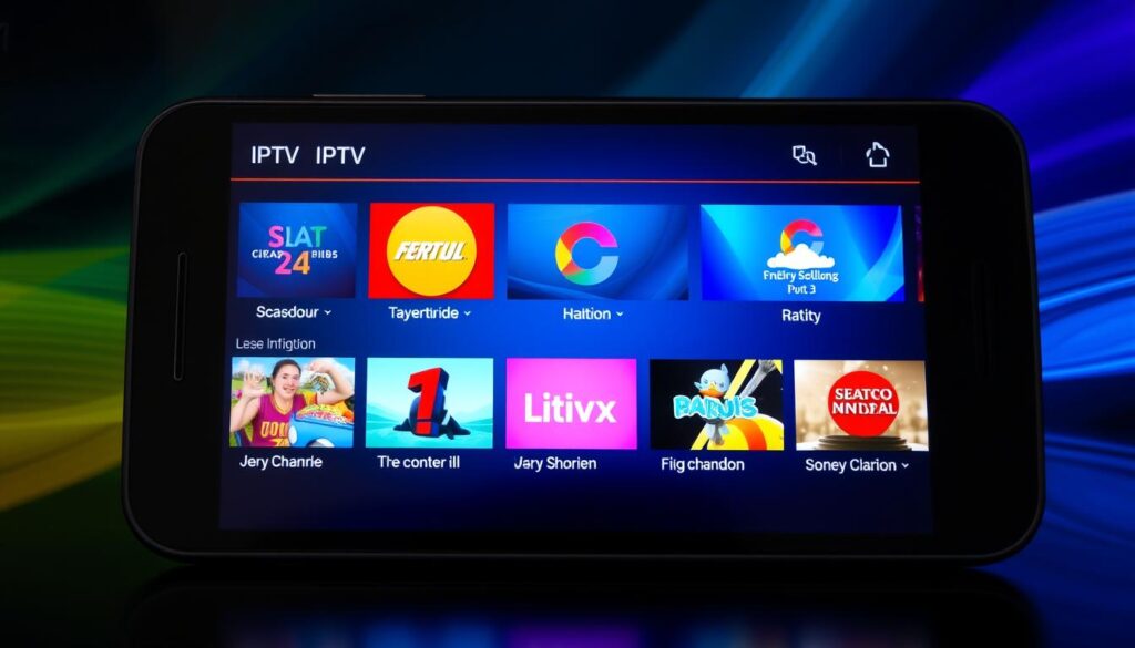 Generate an image of an Android device displaying a variety of IPTV channels. Generate an image of an Android device displaying a variety of IPTV channels.