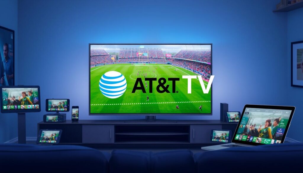 Generate an image of the AT&T TV logo with a TV screen showing a live sports event and multiple devices streaming in the background. Generate an image of the AT&T TV logo with a TV screen showing a live sports event and multiple devices streaming in the background.