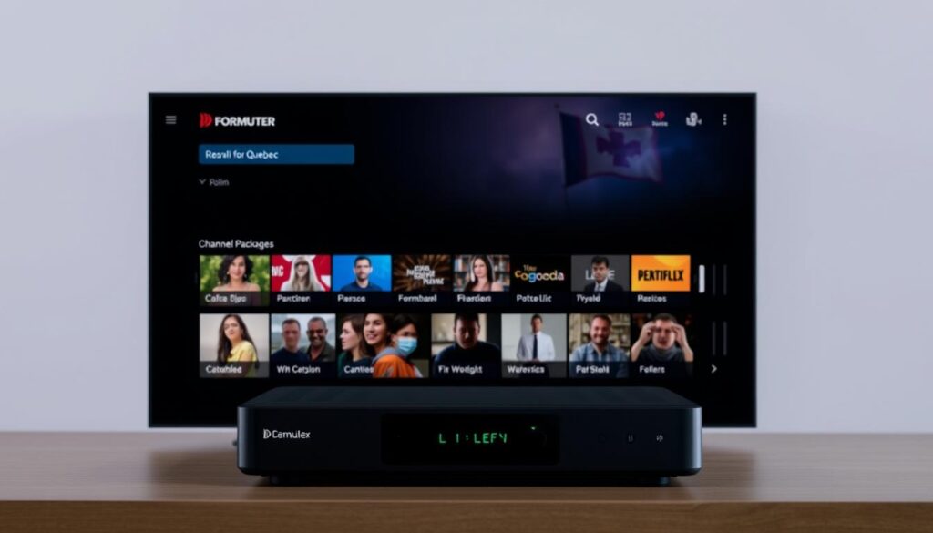 Generate an image of the Diablo Pro IPTV interface on a Formuler box, highlighting its Quebec-focused channel packages.