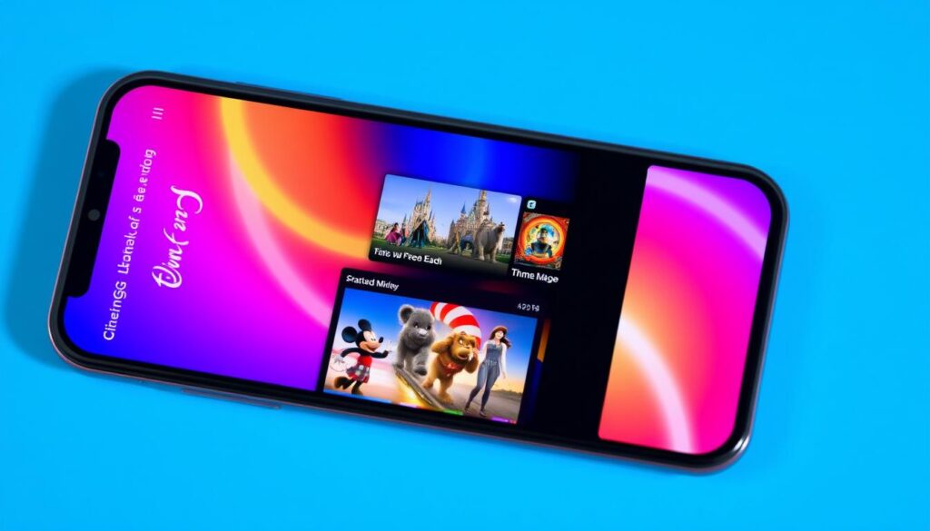 Generate an image of the Disney+ interface on a mobile device. Generate an image of the Disney+ interface on a mobile device.