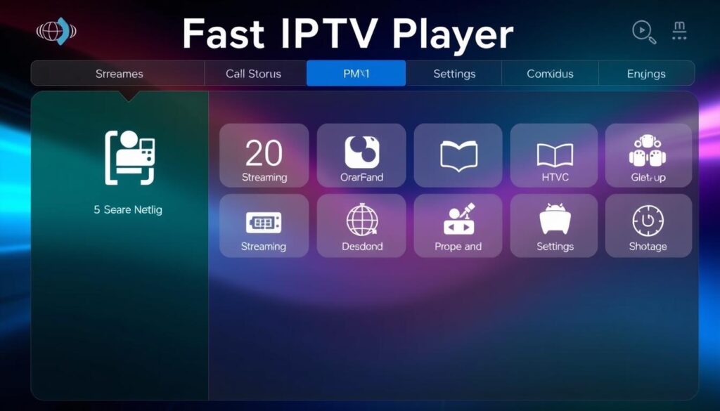 Generate an image of the Fast IPTV Player interface showcasing its main features.