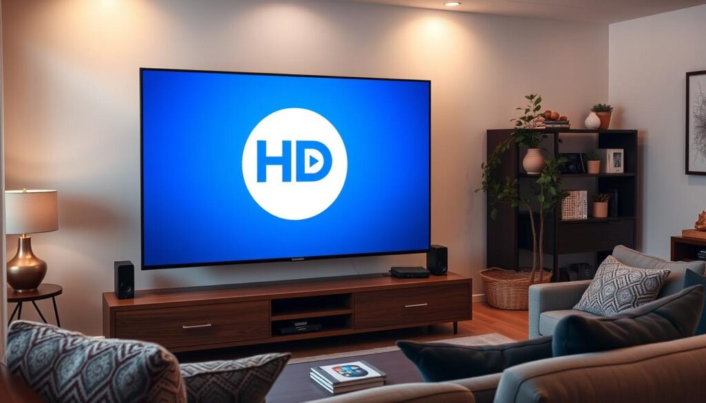 Generate an image of the HD Streamz app logo on a TV screen Generate an image of the HD Streamz app logo on a TV screen