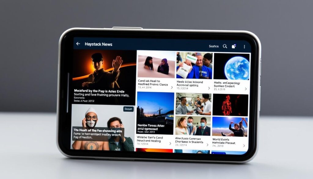 Generate an image of the Haystack News app on a mobile device, displaying a personalized news feed.