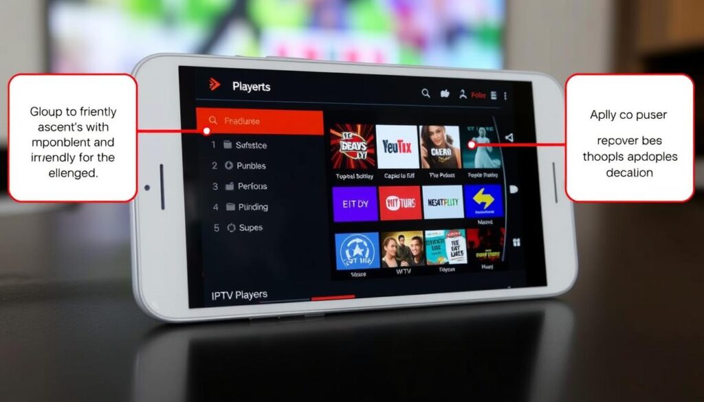 Generate an image of the Hot IPTV Player app interface on an Android device, showcasing its user-friendly features.