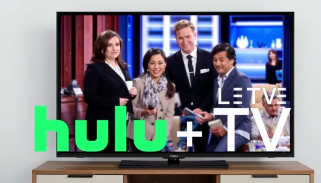 Generate an image of the Hulu + Live TV logo with a TV screen in the background showing a popular TV show. Generate an image of the Hulu + Live TV logo with a TV screen in the background showing a popular TV show.