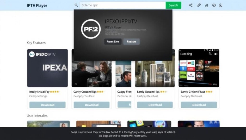 Generate an image of the IPEXO IPTV Player download page highlighting its key features.