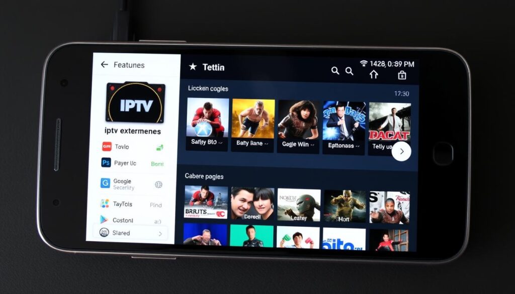 Generate an image of the IPTV Extreme app interface on an Android device, showcasing its user interface and features.