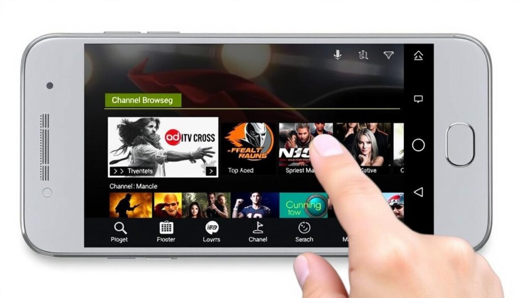Generate an image of the IPTV Extreme application interface on an Android device, showcasing its channel browsing feature.