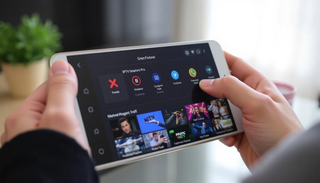 Generate an image of the IPTV Smarters Pro interface on an Android device. Generate an image of the IPTV Smarters Pro interface on an Android device.