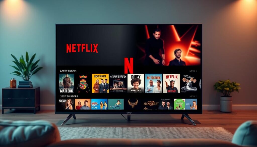 Generate an image of the Netflix homepage on a smart TV. Generate an image of the Netflix homepage on a smart TV.