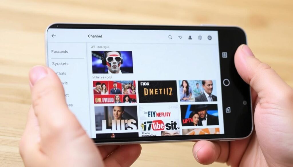 Generate an image of the OTT Navigator IPTV app interface on an Android device, showcasing its customizable layout and channel list.