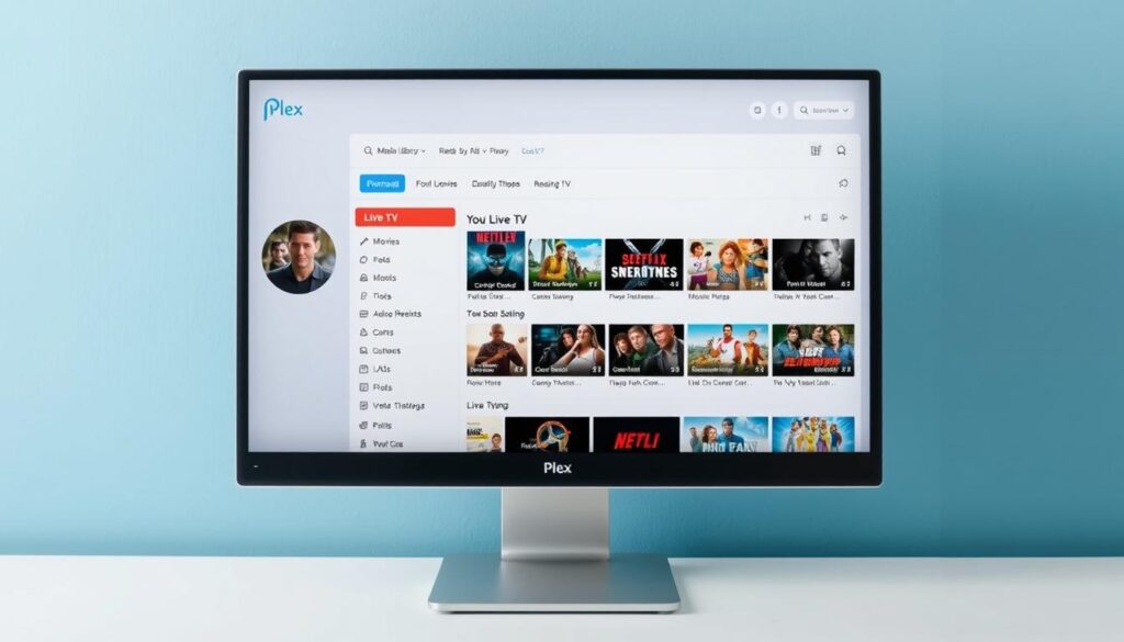 Generate an image of the Plex interface on a computer screen, showing a user's media library and available live TV channels. Generate an image of the Plex interface on a computer screen, showing a user's media library and available live TV channels.