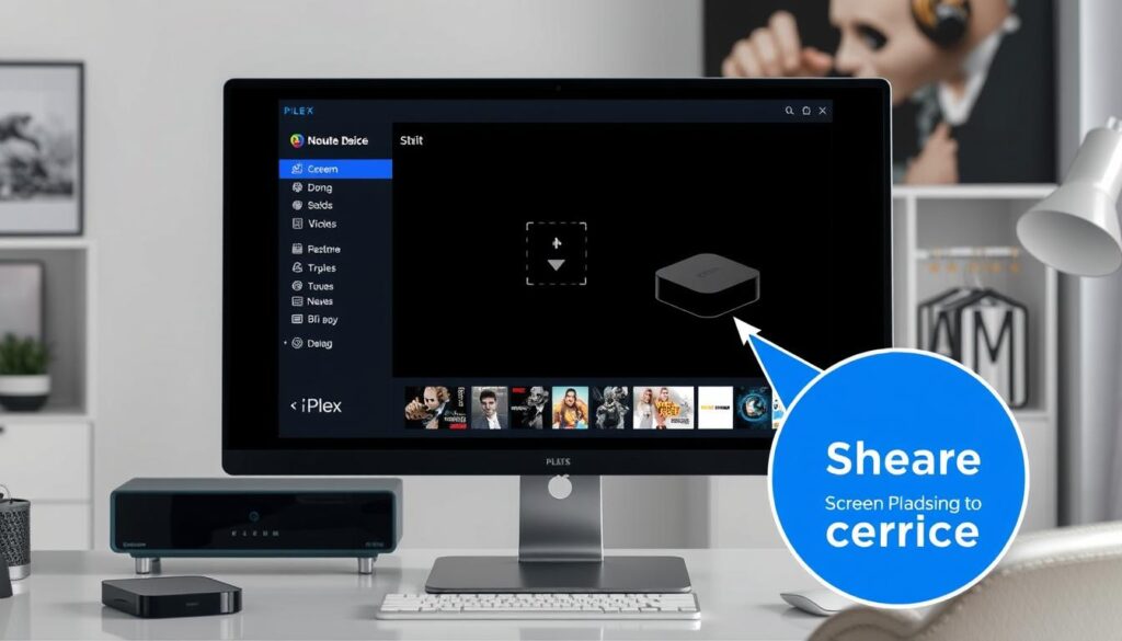 Generate an image of the Plex media player on a computer, demonstrating its screen casting feature to a streaming device.