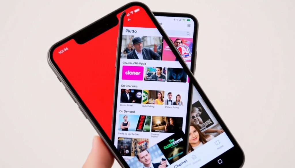Generate an image of the Pluto TV app interface on a smartphone, showcasing its various channels and on-demand content.