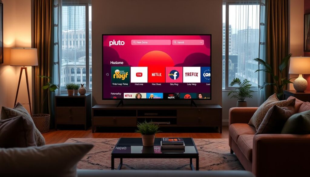 Generate an image of the Pluto TV homepage on a smart TV screen. Generate an image of the Pluto TV homepage on a smart TV screen.