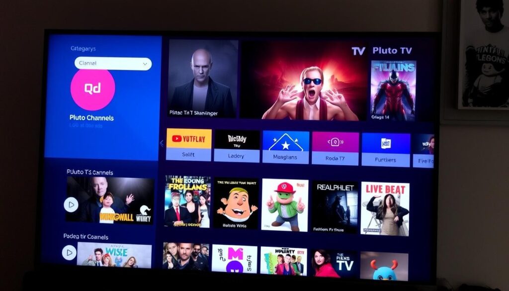 Generate an image of the Pluto TV interface on a TV screen, showcasing various channels and content categories. Generate an image of the Pluto TV interface on a TV screen, showcasing various channels and content categories.