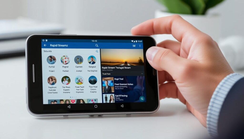 Generate an image of the Rapid Streamz app interface on an Android device Generate an image of the Rapid Streamz app interface on an Android device