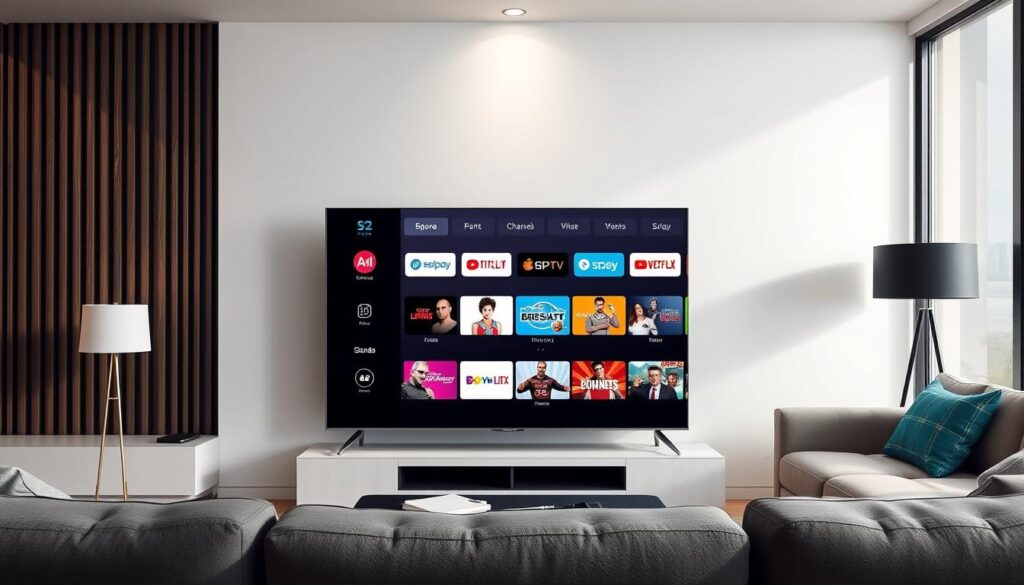 Generate an image of the SS IPTV app interface on a smart TV screen