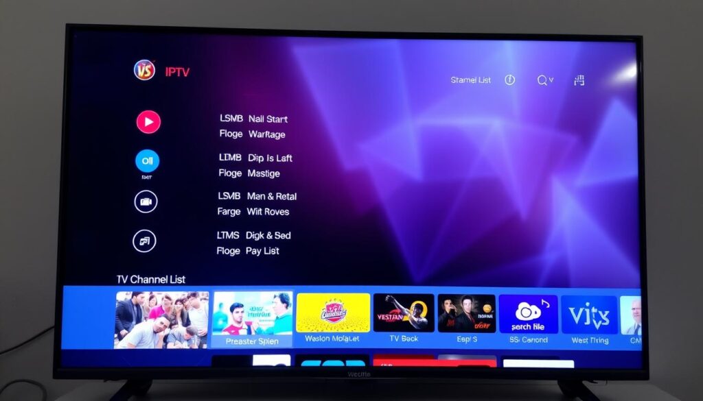 Generate an image of the SS IPTV app's user interface on an Android TV screen, showcasing its channel list and streaming features.