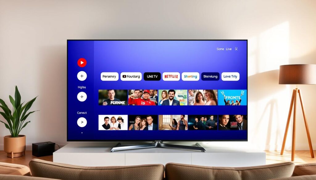 Generate an image of the Samsung TV Plus interface on a Samsung smart TV, displaying various live TV channels and on-demand content. Generate an image of the Samsung TV Plus interface on a Samsung smart TV, displaying various live TV channels and on-demand content.