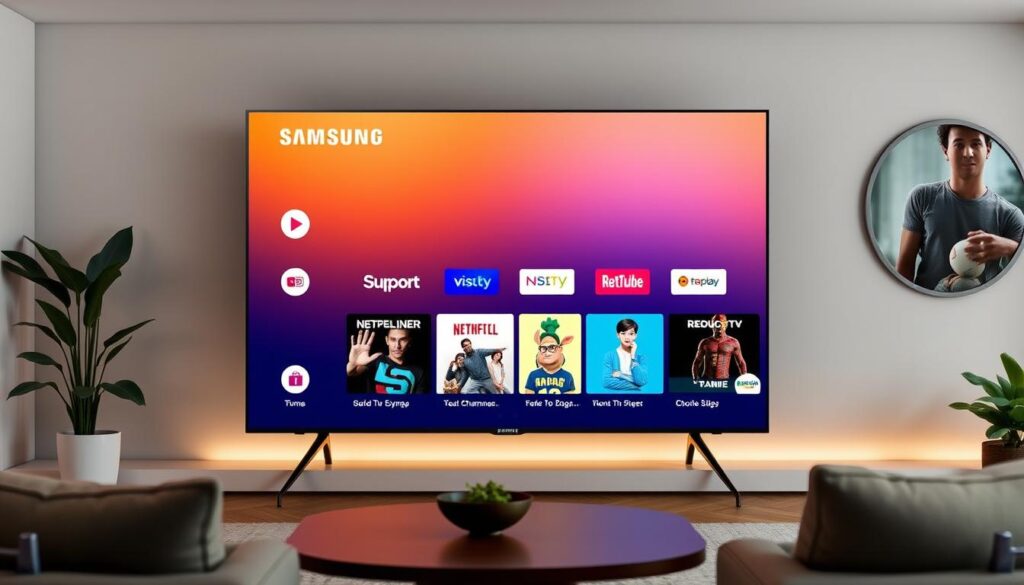 Generate an image of the Samsung TV Plus interface on a Samsung smart TV, highlighting its diverse channel lineup.