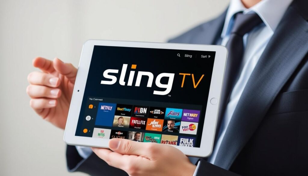 Generate an image of the Sling TV logo with a tablet showing a customized channel lineup. Generate an image of the Sling TV logo with a tablet showing a customized channel lineup.