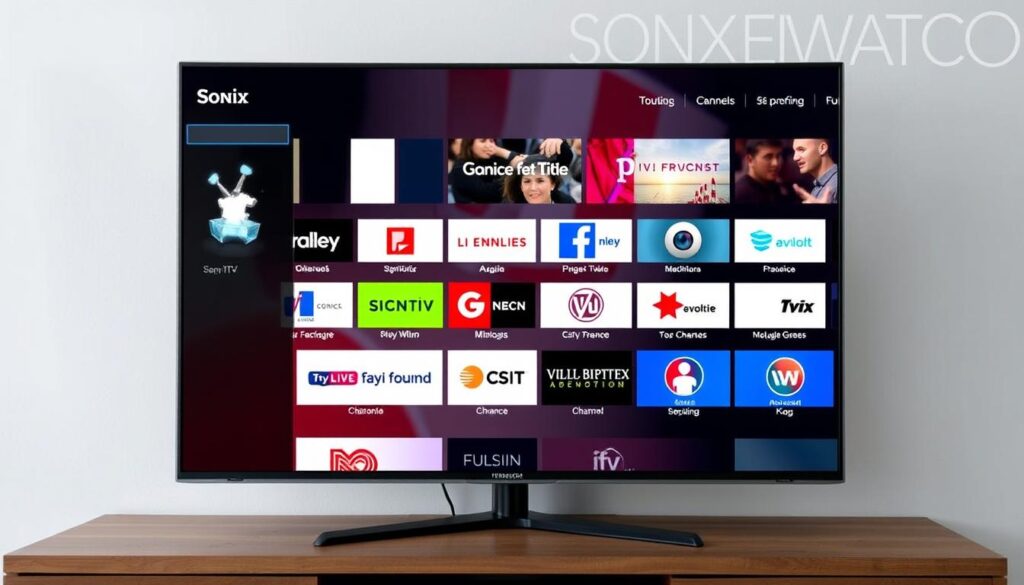 Generate an image of the Sonix IPTV interface on a TV screen, showcasing a variety of French-language channels.