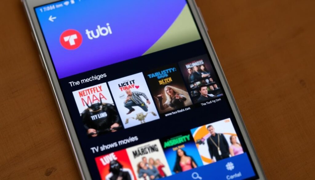Generate an image of the Tubi app on a mobile device, displaying a selection of available TV shows and movies. Generate an image of the Tubi app on a mobile device, displaying a selection of available TV shows and movies.