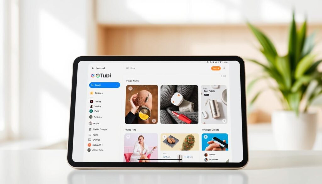 Generate an image of the Tubi app on a tablet. Generate an image of the Tubi app on a tablet.