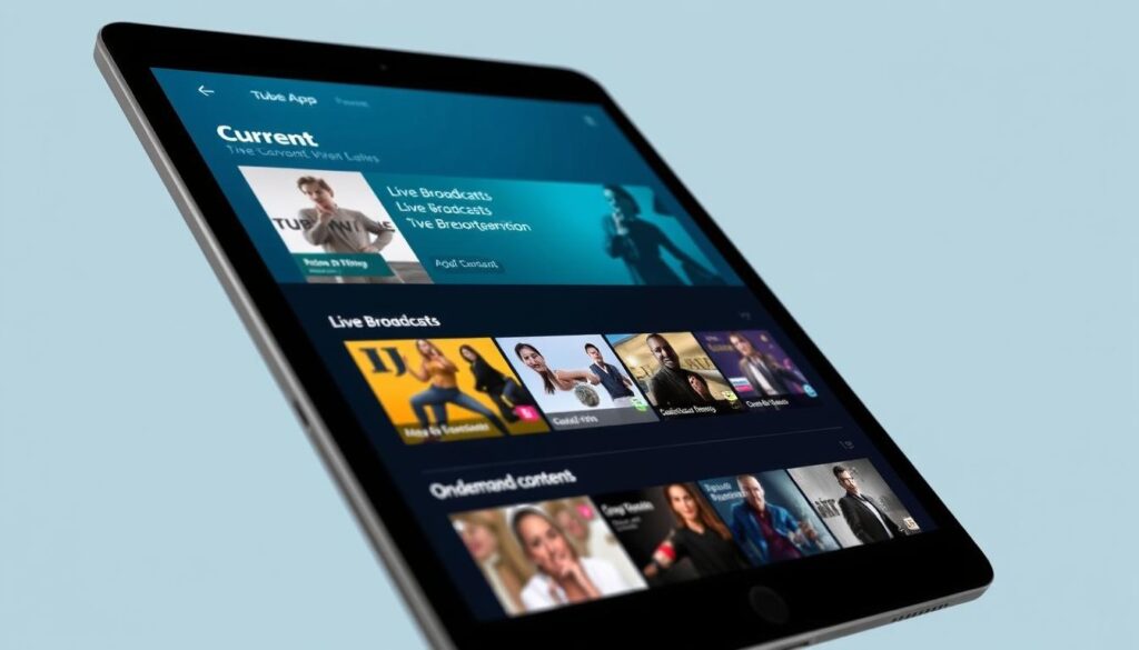 Generate an image of the Tubi app on a tablet, showcasing its current live broadcasts and on-demand content.