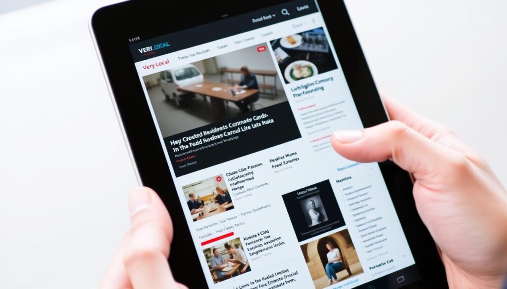 Generate an image of the Very Local app on a tablet, showing local news and events from a specific region.