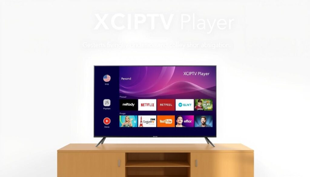 Generate an image of the XCIPTV Player interface on an Android TV screen, showcasing its clean and minimalistic design.