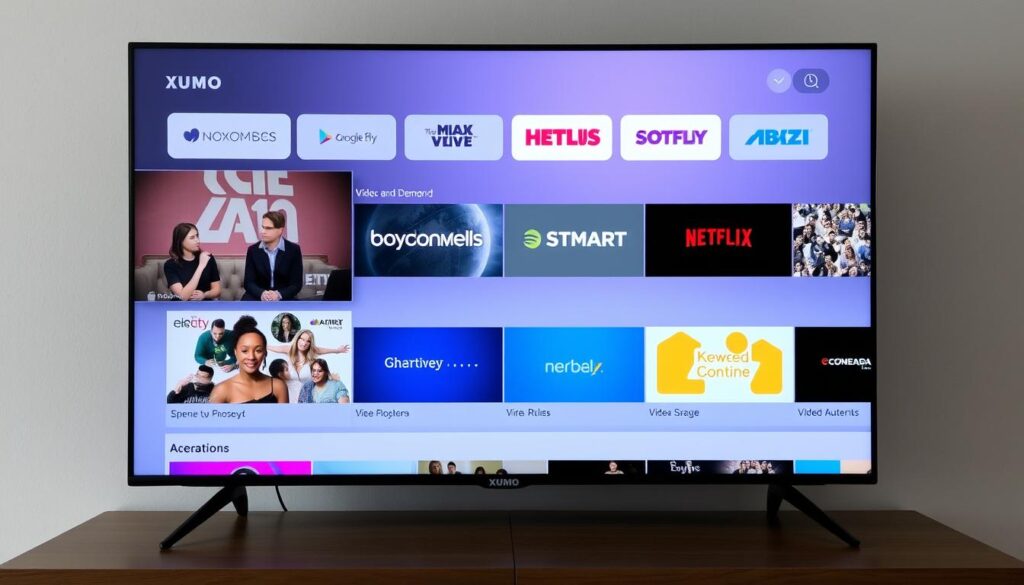 Generate an image of the XUMO app on a smart TV, displaying its diverse range of channels and video-on-demand content.