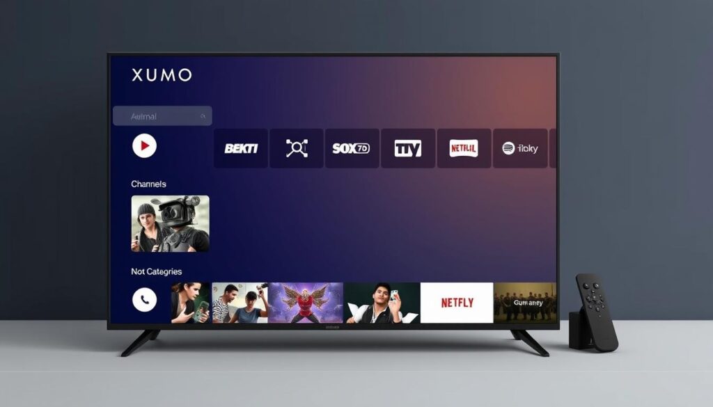 Generate an image of the XUMO app on an Android TV box, showcasing its available channels and content categories. Generate an image of the XUMO app on an Android TV box, showcasing its available channels and content categories.