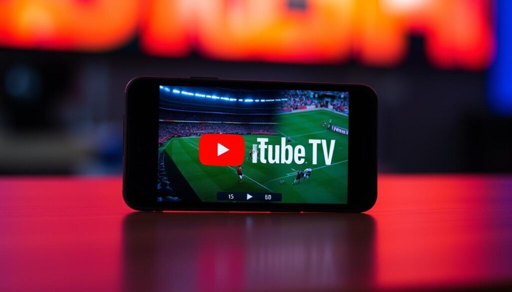Generate an image of the YouTube TV logo with a smartphone displaying a live sports event. Generate an image of the YouTube TV logo with a smartphone displaying a live sports event.