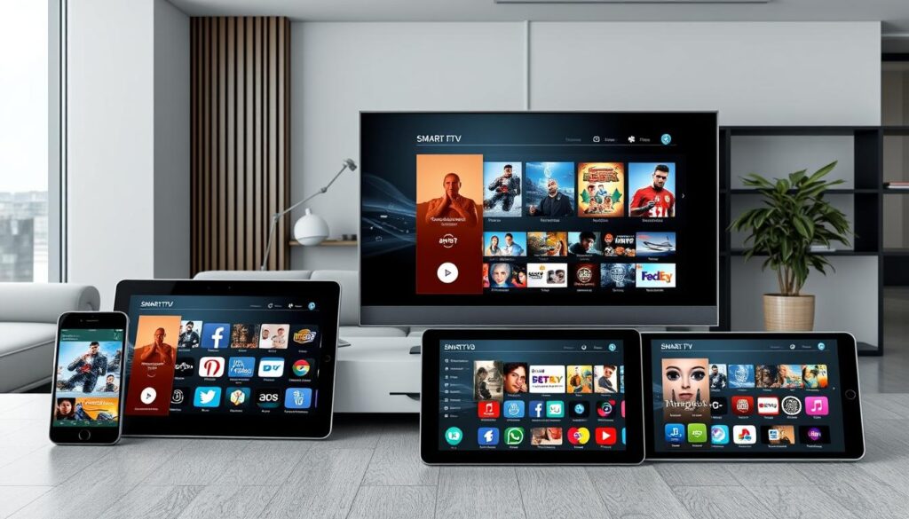 Generate an image of various IPTV apps on different devices