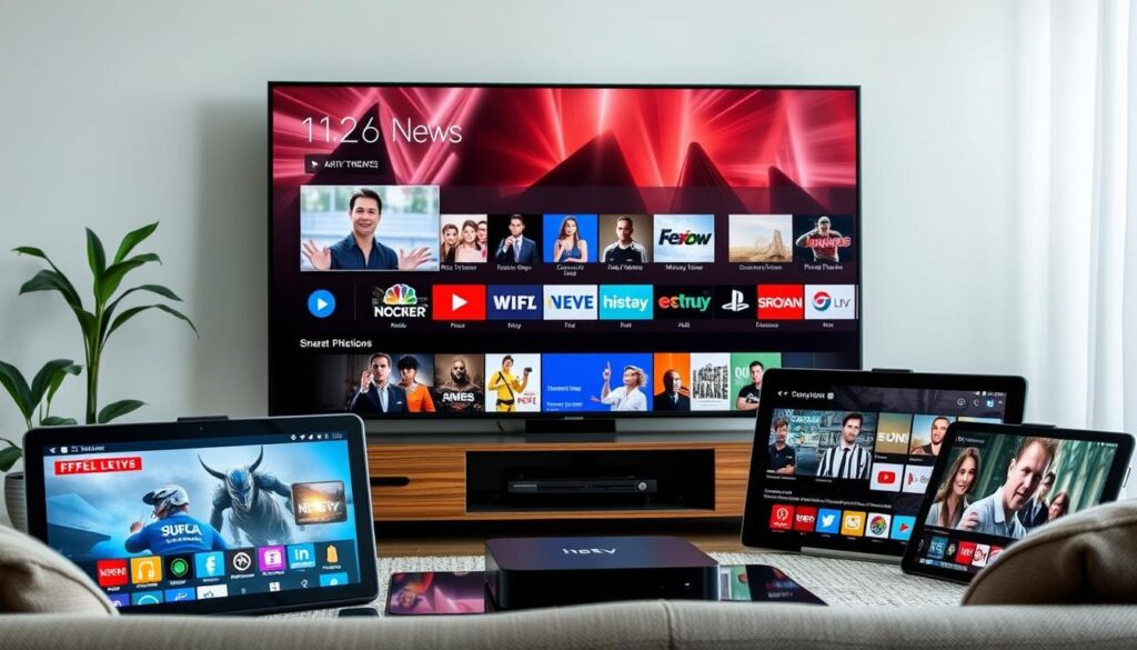 Generate an image of various IPTV devices and screens displaying different channels and content.