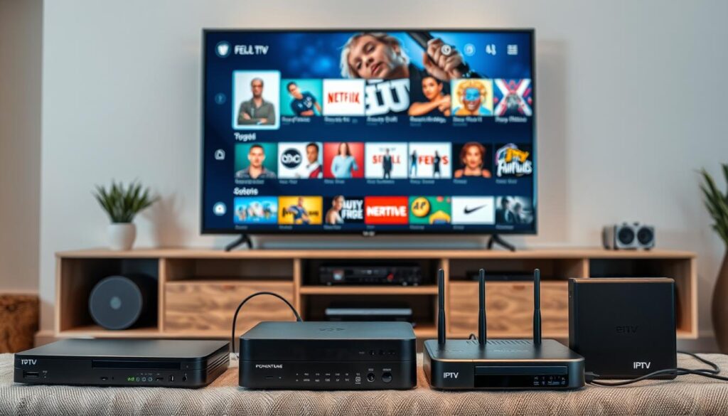 Generate an image of various IPTV devices connected to a TV, showcasing different channels and content.