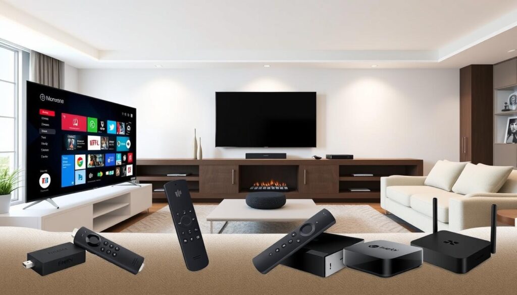 Generate an image of various devices compatible with IPTV services, including Smart TVs, Firesticks, and Android boxes.