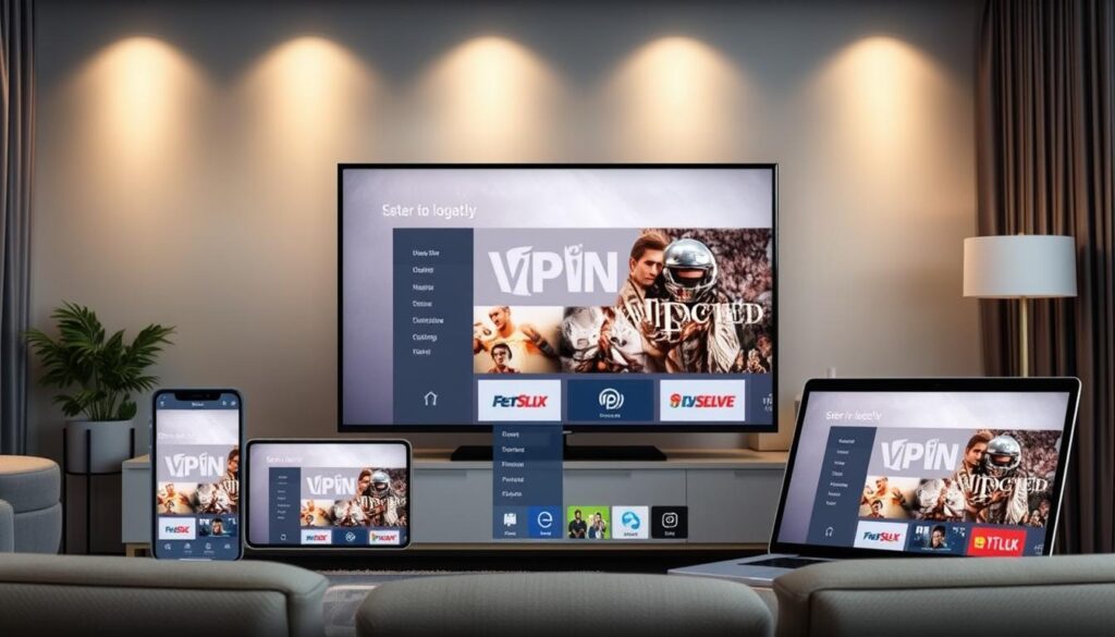 Generate an image of various devices (smart TV, smartphone, tablet, laptop) connected to a VPN-protected IPTV streaming service.