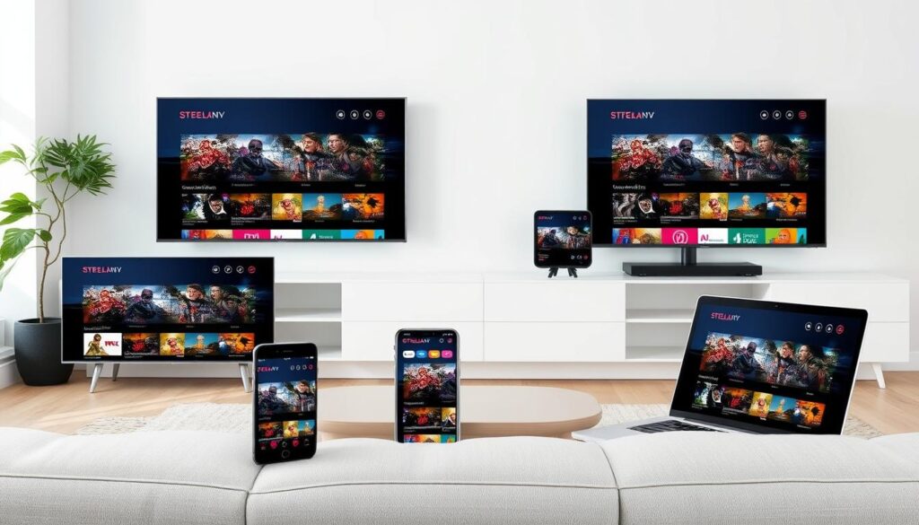 Generate an image of various devices (smart TVs, smartphones, tablets, laptops) connected to a streaming service. Generate an image of various devices (smart TVs, smartphones, tablets, laptops) connected to a streaming service.