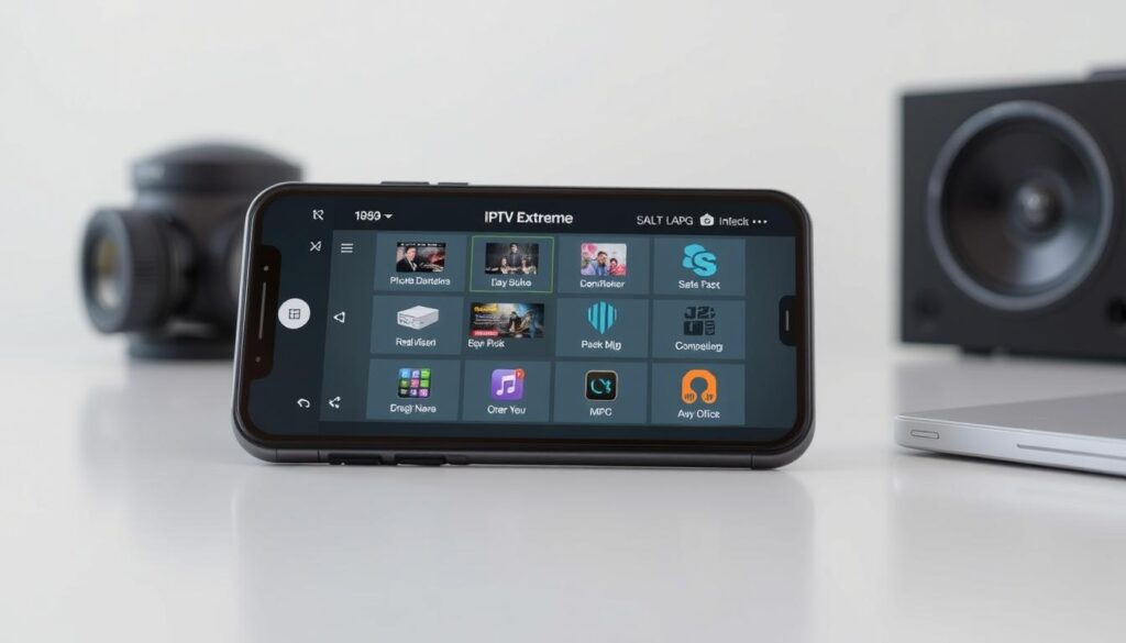 Generate an image representing IPTV Extreme app interface on a smartphone.